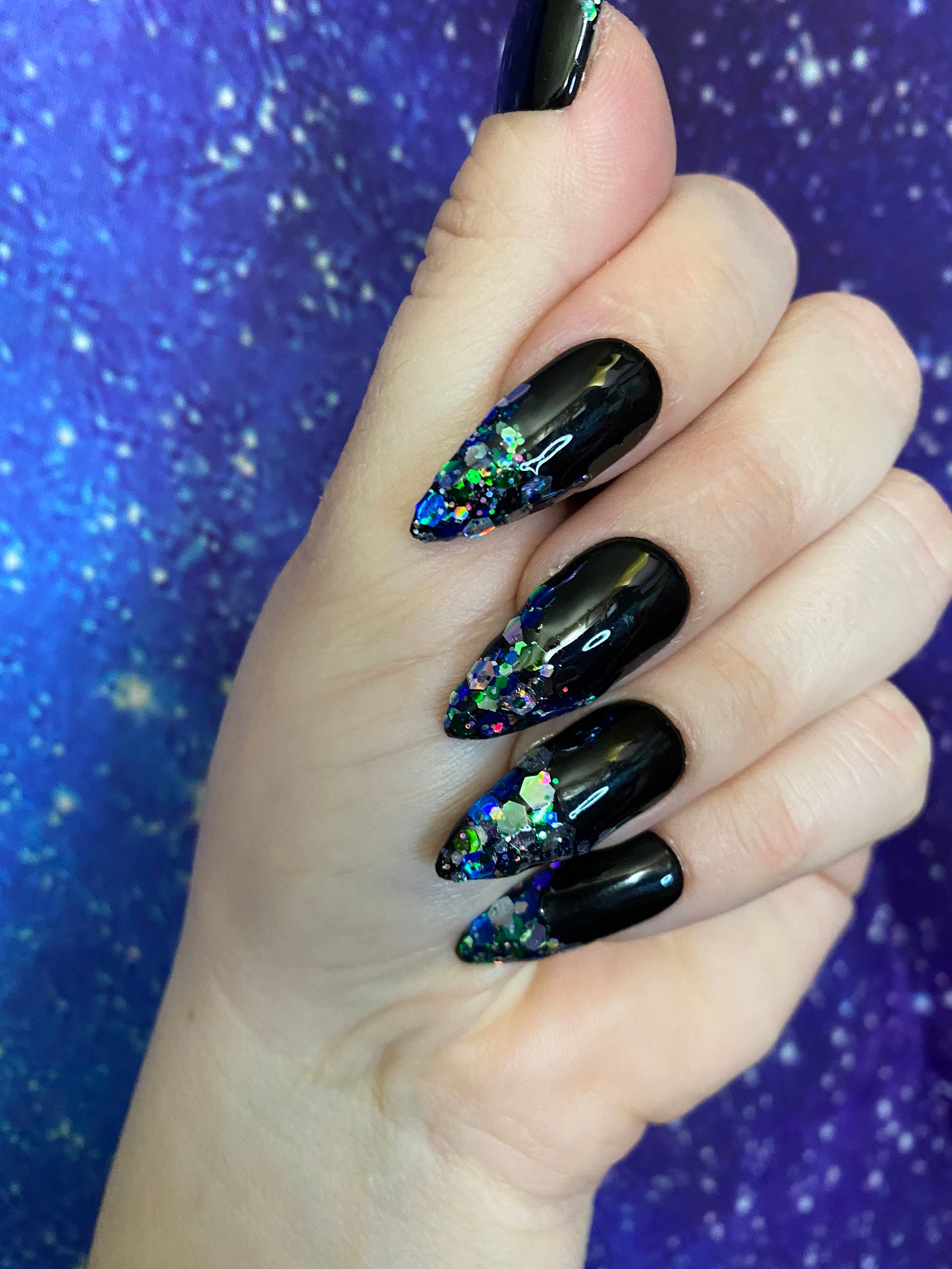 Black nails with glitter French tip design Colors are | Etsy