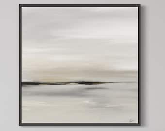 Puede incluir: Pintura abstracta de paisaje en un marco negro. La obra presenta una paleta de colores apagados de beige, gris y negro, con una banda horizontal de tonos más oscuros que sugiere una línea de horizonte. El estilo es minimalista.