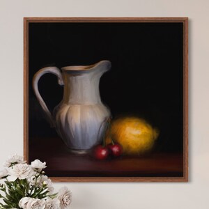 Printable Art Still Life Digital Prints, Pitcher, Lemon and Cherry Oil Painting-Downloadable Print From Home Art
