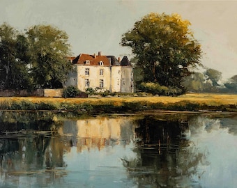 French Château Landscape Painting: Lakeside European Art (Digital Download)