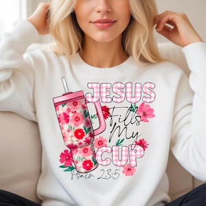 rosa Floral Jesus Fills My Cup tumbler PNG / Salmo 23:5 Design a sublimazione digitale / Gingham rosa e fiori / Cristiano 400 DPI