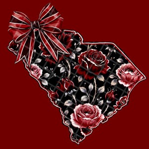 Floral South Carolina PNG | South Carolina Shape with Red Roses and Bow | Digital PNG File for Sublimation, T-Shirts & Prints | Transparent