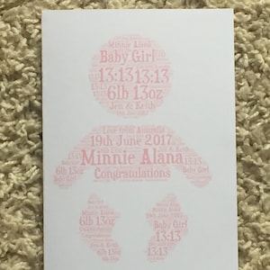 Nieuwe baby A4 typografie woordkunst gepersonaliseerde kaart, kleurkeuze, woordkeuze, vormkeuze, pasgeboren kaart, geboorte gefeliciteerd