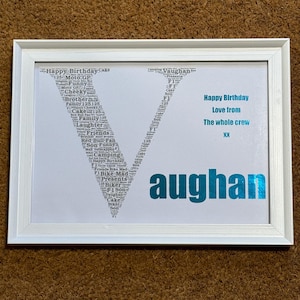 May include: A framed print with a white border. The artwork features a large letter "V" composed of words like "Happy Birthday," "Family," and "Biker." The name "aughan" is displayed in large, teal letters, with the text "Happy Birthday, Love from The whole crew" above it.