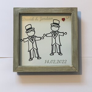 Mr & Mr bruiloft of huwelijksverjaardag stokfiguurlijst, gepersonaliseerd met namen/datums, huwelijkscadeau, jubileumcadeau, gelukkig stel