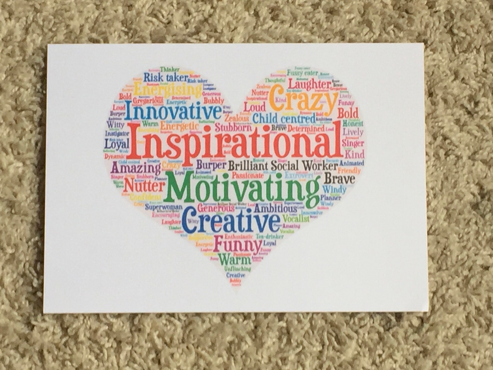 Heart Shape A5 Typography Word Art Personalised Card, Choice of Colour