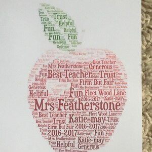 Docenten Apple A4 gepersonaliseerde typografie WordArt A4-kaart, kaarten voor leraren, einde schooljaar, bedankt leraar, aangepaste kaart, leerlingkaart