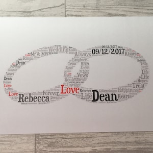 Art typographique A5 pour mariage ou anniversaire, carte personnalisée A5, couleur(s) au choix, mots au choix, forme au choix, carte de mariage.