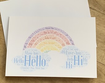 May include: A rainbow-colored word cloud card with the words "Hug in a Card", "Take Care", "Stay Strong", "Miss You", "Hello", "Hi", "Love You", and "Distance Hug" in a rainbow arch.