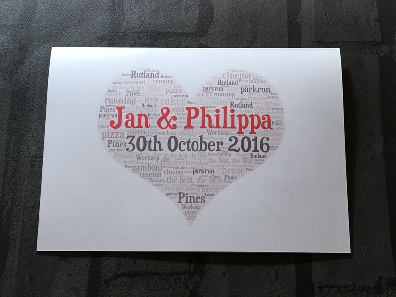 Heart Shape A5 Typography Word Art Personalised Card, Choice of Colour