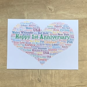 Biglietto personalizzato con testo tipografico Word Art a forma di cuore in formato A4, scelta di colori, scelta di parole, biglietto di San Valentino, biglietto di matrimonio, biglietto di anniversario.