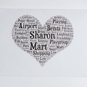 Tipografia A4 em formato de coração Word Art, impressão sem moldura A4, escolha de cores, escolha de palavras, cartão de dia dos namorados, cartão de casamento, cartão de aniversário.