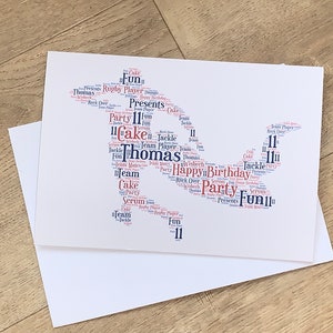 Sport Bild A5 Personalisierte Typografie Wortkunst Karte, Fußball,Rugby, Cricket Basketball, Laufen, jede Form / Farbe, Ihre eigenen Worte.