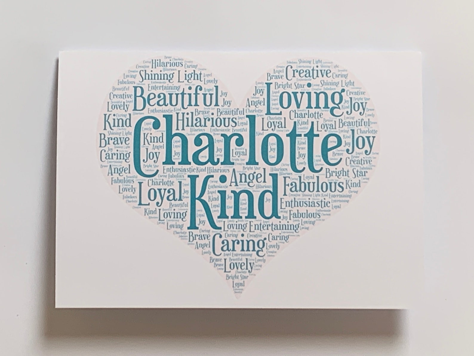 Heart Shape A5 Typography Word Art Personalised Card, Choice of Colour
