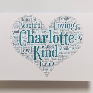 Hartvorm A5 typografie woordkunst gepersonaliseerde kaart, kleurkeuze, woordkeuze, valentijnskaart, trouwkaart, jubileumkaart.