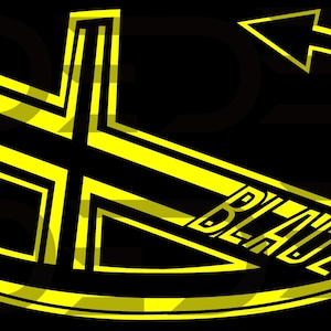 May include: A black and yellow logo with the word "BLADZ" in a stylized font. The design features a yellow cross shape and a curved arrow, all outlined in yellow against a black background.