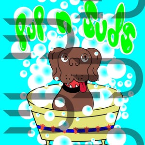 May include: A cartoon illustration of a brown dog in a yellow bathtub filled with bubbles. The dog has its tongue out and is wearing a black collar. The words "Fur & Suds" are written in green above the dog.