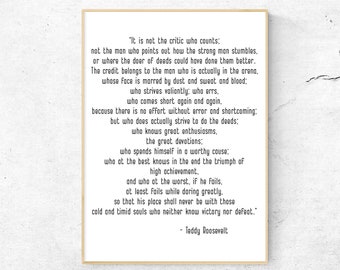 Theodore Roosevelt Literary Quote Print Digital Download, The Man In The Arena, Teddy Roosevelt Quote, Inspirational Print, Roosevelt Quote