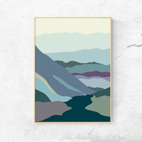 Landscape Background With Japanese Wave Pattern Digital Download, Mountain Clip Art, Gradient Pattern, Instant Download, Asian Art Design