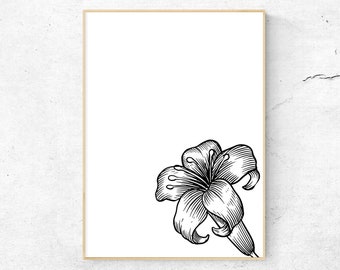 Lily Illustration, Printable Download, Minimalist Art, Black and White Flower Print, Botanical Art, Lily Sketch, Flower Art, Water Lily