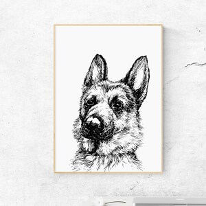 Black and White German Shepard Dog Print Digital Download, German Shepard Wall Decor, Animal Decor, Printable Dog Poster, Living Room Art