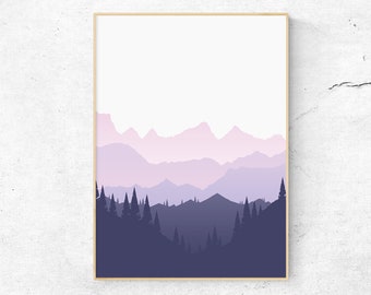 Watercolor Purple Mountains Wall Art Digital Download, Calm Wall Decor, Forest Wall Art, Foggy Mountains Art, Contemporary Wall Art