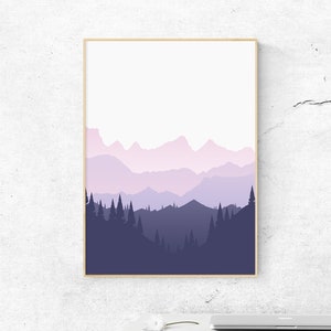 Watercolor Purple Mountains Wall Art Digital Download, Calm Wall Decor, Forest Wall Art, Foggy Mountains Art, Contemporary Wall Art