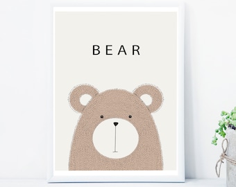 Cute Bear Nursery Decoration Digital Download, Nursery Print, Printable Digital Art, Baby Room Decor, Bear Nursery Art, Brown Bear Print