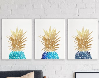 Pineapple Print Set of 3, Tropical Watercolor Painting, Kitchen Wall Art, Pineapple Wall Decor, Wall Art, Watercolor Print Tropical Party