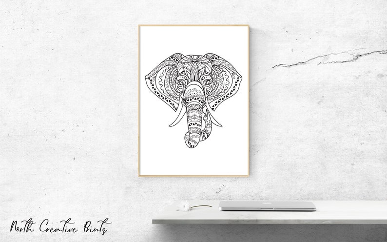 Tribal Elephant Wall Art Digital Download, Elephant Outline Print, Animal Decor, Animal Illustration, Minimalist Elephant Print, image 1