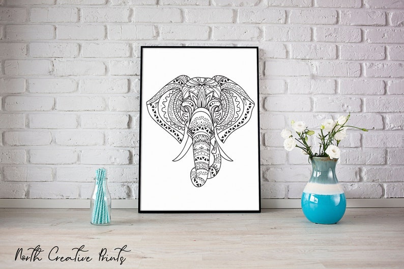 Tribal Elephant Wall Art Digital Download, Elephant Outline Print, Animal Decor, Animal Illustration, Minimalist Elephant Print, image 2