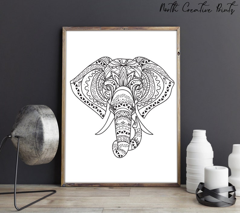 Tribal Elephant Wall Art Digital Download, Elephant Outline Print, Animal Decor, Animal Illustration, Minimalist Elephant Print, image 3