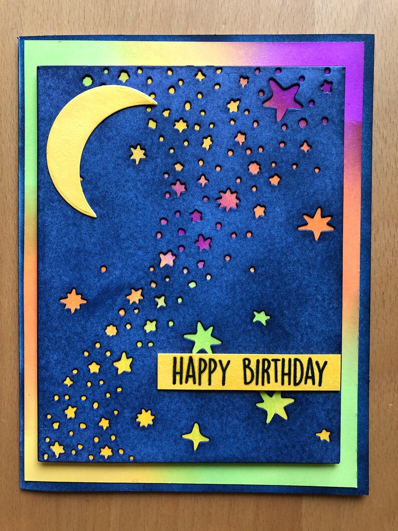 Celestial Night Sky Happy Birthday Card Rainbow Moon and Etsy