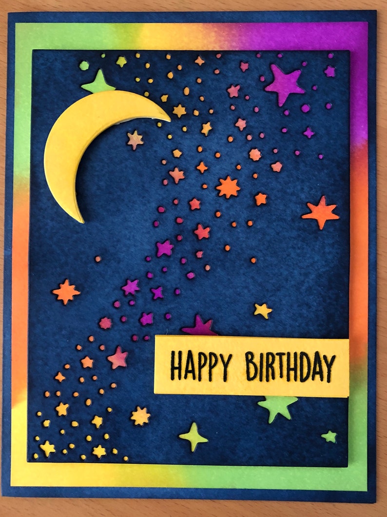 Celestial Night Sky Happy Birthday Card Rainbow Moon and Etsy