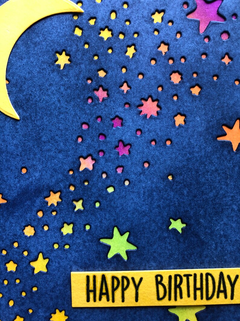 Celestial Night Sky Happy Birthday Card Rainbow Moon and Etsy