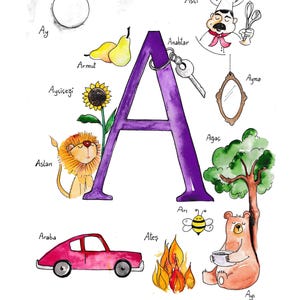 May include: Watercolor illustration of the letter "A" with various related images. Includes a moon, pears, sunflower, lion, car, fire, bee, bear, chef, mirror, tree, and keys. The letter "A" is purple, and the other images are in various colors.
