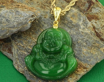 Hombres Mujeres Real Green Thai Buddha 14k Oro en capas Cadena de acero inoxidable y colgante Declaración de moda Muy famoso 16 "-24" Tamaños de cadena