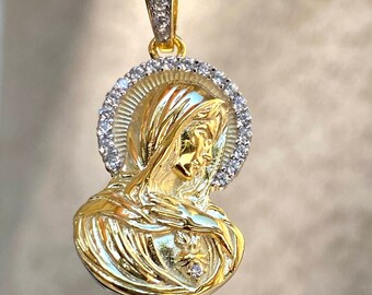 925 Sterling Silver 14k Gold Virgin Mary Religious Plata Men's Women Italy Iced Pendant, Rope Chain 16"- 24" Inches Chain and pendant Set