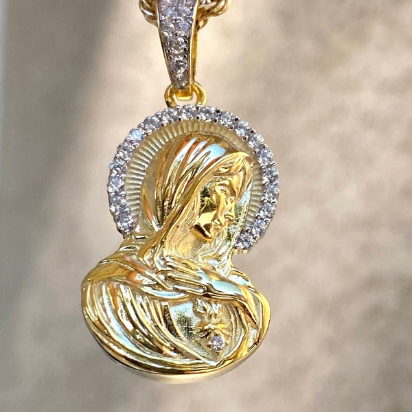 925 Sterling Silver 14k Gold Virgin Mary Religious Plata Men's Women Italy Iced Pendant, Rope Chain 16"- 24" Inches Chain and pendant Set