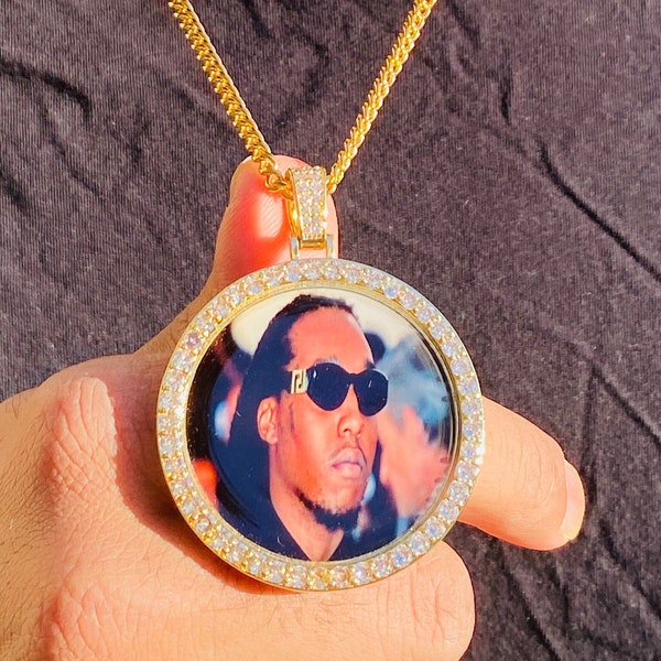 Customize Round Your Memory Photo Gold  Pendant Necklace , Personalized Your picture 3mm Franco chain, Resin Epoxy Wings Remember Necklace