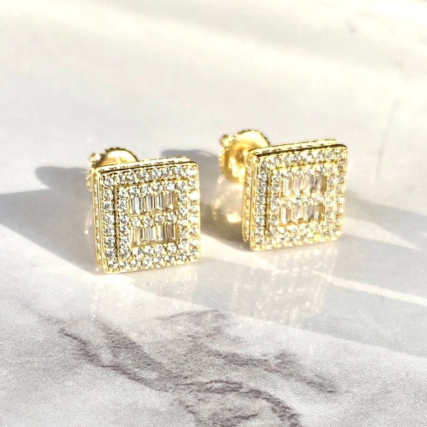Men Women Italy 925 Silver 14k Gold Layered icy Bling Baguette Square Earrings Rappers Every Day Wear Unisex CZ Diamonds Screw Back