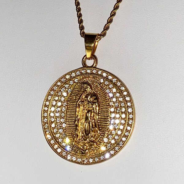 Men's Women's 14k Gold 5X Layered Stainless Steel Our Lady Virgin Guadalupe Pendant, Rope Chain 16"-24" Inches Non Rust or Turn Neck Green