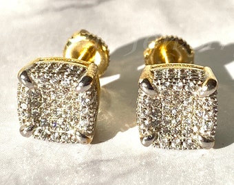 Men Women 14k Gold Layered icy Bling Square Screw Back Earrings Rappers Religious Every Day Wear Unisex CZ Diamonds Earrings Screw Back