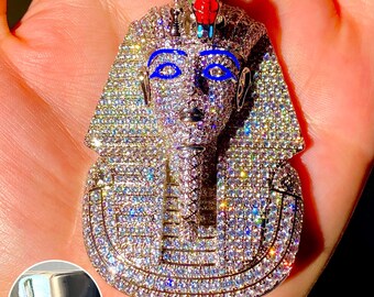 Men's Big Ancient Egypt Pharaoh Head Pendant fits upto 20mm Miami Cuban chains, 14K White Gold 5X Layered, Iced, CZ Diamonds Very Shinny