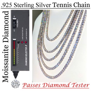 Real Moissanite Diamond Tennis 925 Sterling Silver Necklace Men's Women's VS Clarity Iced 4mm Tennis Chain, Certified, Tested and Guaranteed