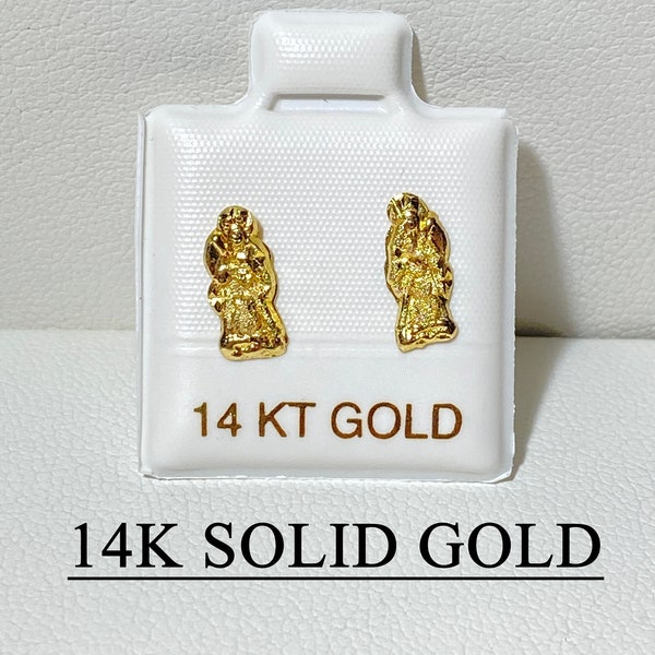 14k Solid Real Yellow Gold Basket Set Cute Religious Death Grim Reaper Santa Muerte Stud Earrings, 14k Gold Stud Diamond Cut Dainty Earring