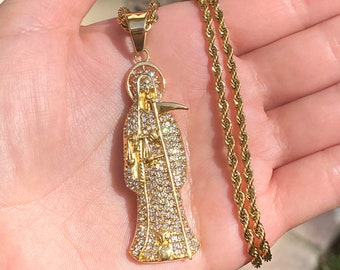 SANTA MUERTE Holy Death Grim Reaper Solid Medallion Charm 14k Solid Gold 5X Layered Stainless Steel, Rope Chain Pendant warranty Non Rust