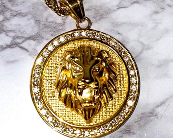 Men's Women's 14k Gold 5X Layered Stainless Steel LION HEAD Pendant,Rope Chain Pendant 24" Inches  warranty Non Rust or Turn Neck Green
