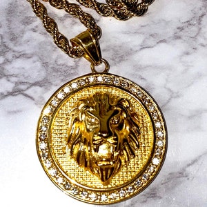 Men's Women's 14k Gold 5X Layered Stainless Steel LION HEAD Pendant,Rope Chain Pendant 24" Inches  warranty Non Rust or Turn Neck Green