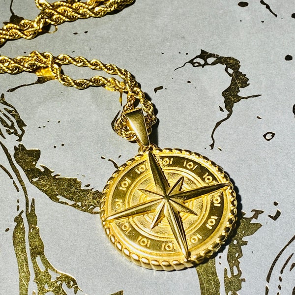 Men's Womens Solid 14k Gold 5X Layered Stainless Steel Crafted Compass North South East West Pendant, Rope Chain 16"-24" Inches warranty